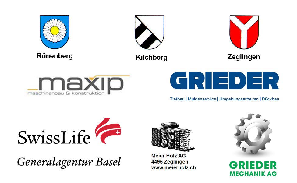 Logos der Gemeinden Rünenberg, Kilchberg und Zeglingen sowie der Unterstützer maxip, Grieder, SwissLife, Meier Holz und Grieder Mechanik